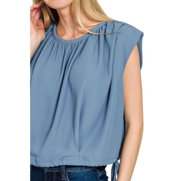Zenana Oversized Trendy Casual Drawstring Waist Blue Tops For Women Sz Large - Picture 2 of 3